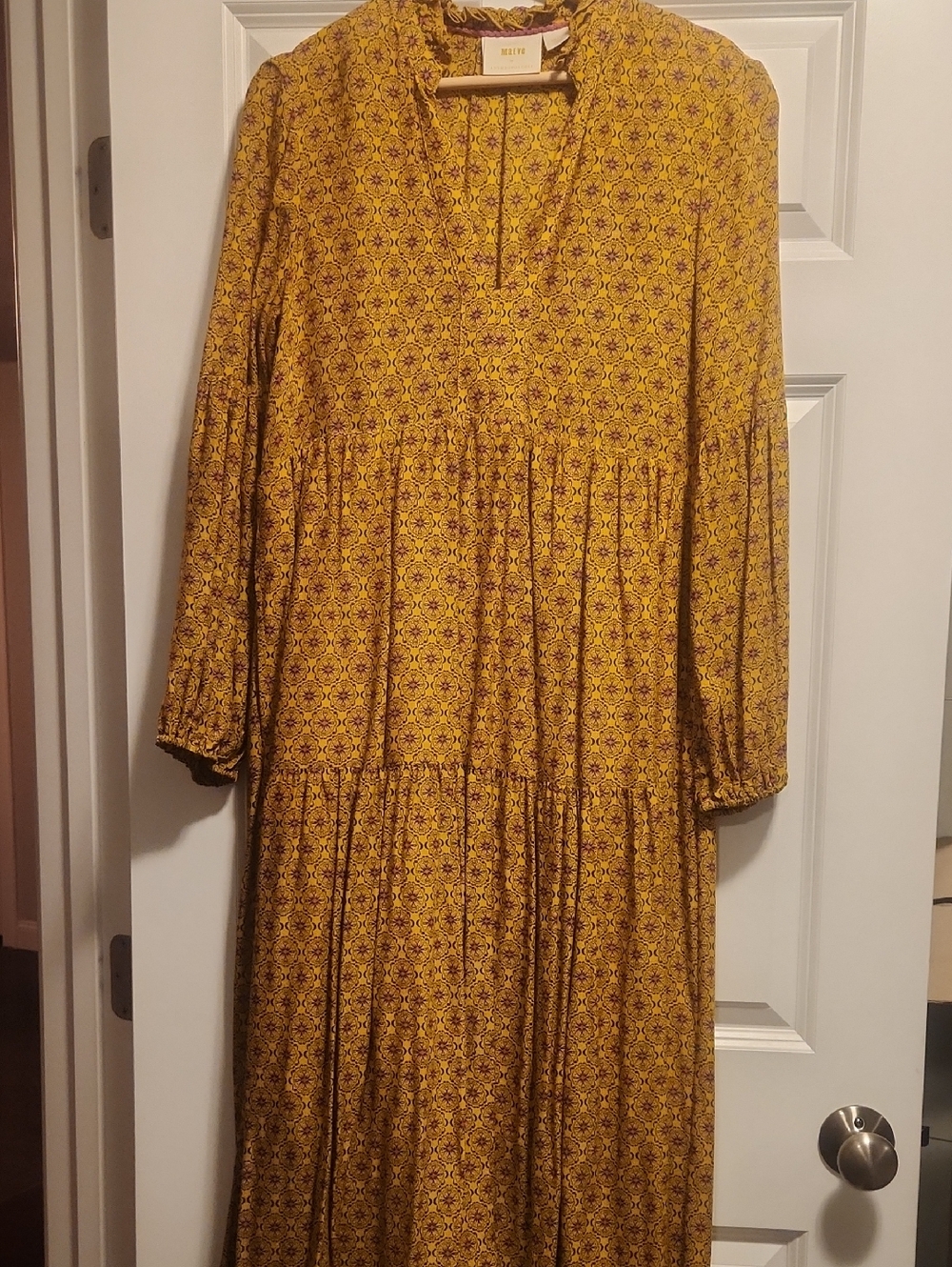 Maeve Willow Mustard Yellow Printed Long Sleeve Tiered Midi Dress